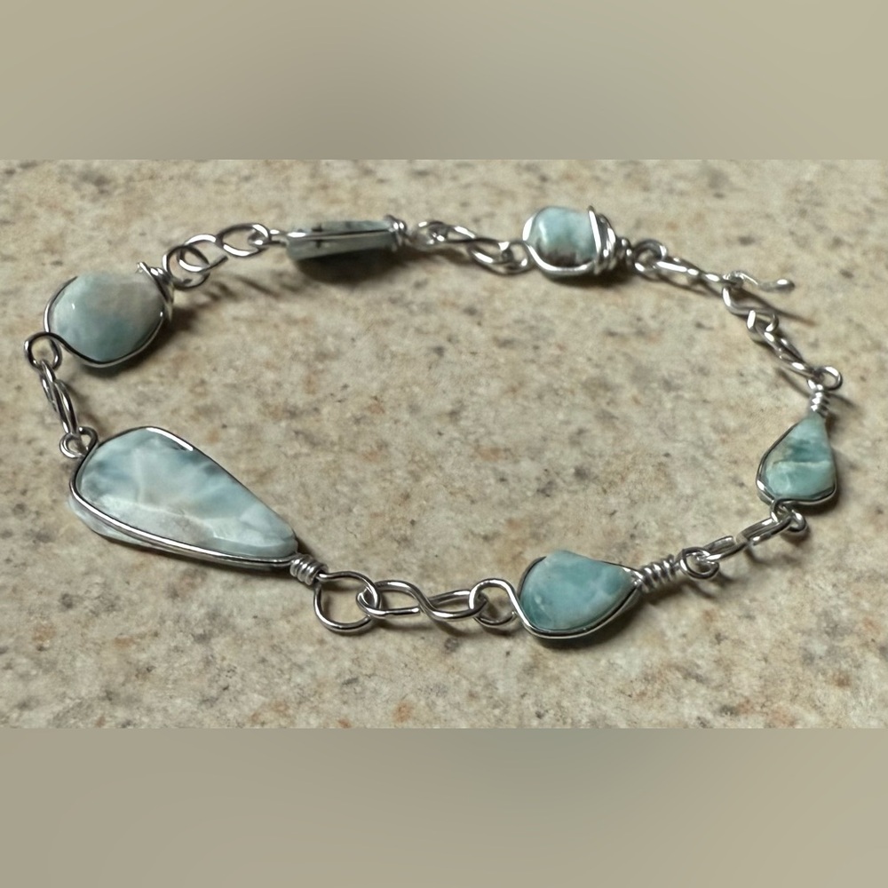 Genuine Larimar Stone Bracelet | Caribbean Blue Gemstone | Silver Wire Wrapped - Picture 3 of 4